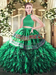 High End Dark Green Quinceanera Dress Military Ball and Sweet 16 and Quinceanera with Beading and Embroidery and Ruffles Halter Top Sleeveless Backless