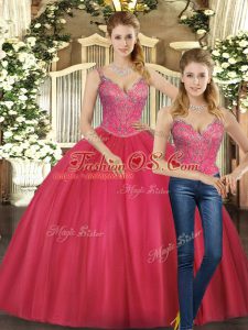 Tulle Straps Sleeveless Lace Up Beading Sweet 16 Dresses in Hot Pink