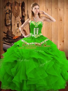 Green Satin and Organza Lace Up Sweetheart Sleeveless Floor Length Vestidos de Quinceanera Embroidery and Ruffles