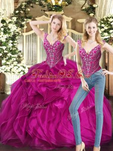 Fuchsia Organza Lace Up Quinceanera Gowns Sleeveless Floor Length Ruffles