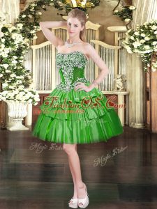 Sleeveless Organza Mini Length Lace Up Prom Dresses in Green with Beading and Ruffled Layers