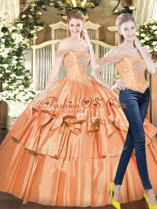 Orange Red Ball Gowns Beading and Ruffled Layers 15th Birthday Dress Lace Up Organza Sleeveless Floor Length