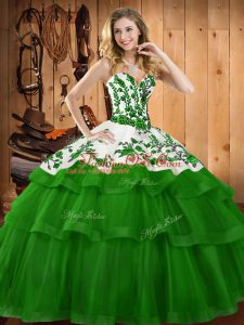 Suitable Dark Green Organza Lace Up Sweetheart Sleeveless 15 Quinceanera Dress Sweep Train Embroidery