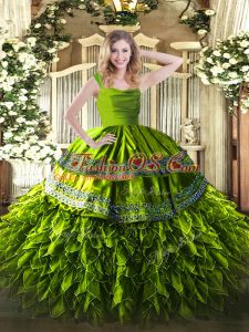 Superior Olive Green Zipper Straps Beading and Ruffles Sweet 16 Quinceanera Dress Organza Sleeveless