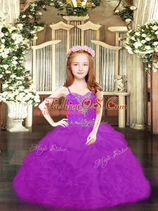 Fuchsia and Purple Ball Gowns Beading and Ruffles and Pick Ups Pageant Dress for Girls Lace Up Organza Sleeveless Floor Length