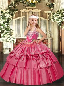 Hot Pink Lace Up Pageant Dress Beading and Ruffled Layers Sleeveless Floor Length