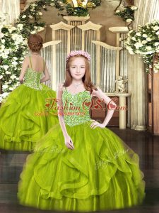 Great Floor Length Olive Green Custom Made Pageant Dress Tulle Sleeveless Beading and Ruffles