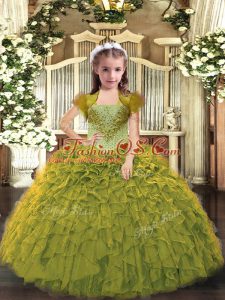 Sleeveless Organza Floor Length Lace Up Glitz Pageant Dress in Olive Green with Beading and Ruffles