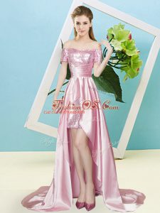 Sequins Prom Party Dress Pink Lace Up Short Sleeves High Low