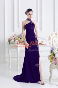 Purple Prom Gown Prom and Party with Beading Halter Top Sleeveless Sweep Train Lace Up