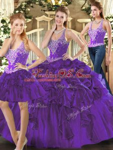 Wonderful Floor Length Purple Sweet 16 Dresses Tulle Sleeveless Beading and Ruffles