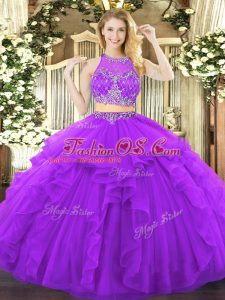 Floor Length Purple Sweet 16 Quinceanera Dress Tulle Sleeveless Beading and Ruffles