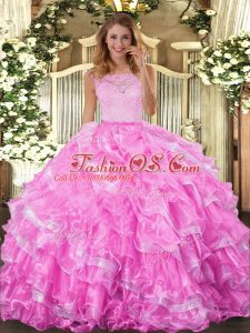 Dazzling Rose Pink Sleeveless Floor Length Lace and Ruffled Layers Clasp Handle 15th Birthday Dress
