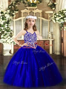 V-neck Sleeveless Tulle Pageant Dresses Beading Lace Up