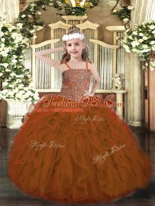 Rust Red Ball Gowns Beading and Ruffles Pageant Dress for Teens Lace Up Tulle Sleeveless Floor Length