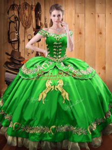 Off The Shoulder Sleeveless 15 Quinceanera Dress Floor Length Beading and Embroidery Green Satin and Organza