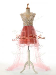 Low Price Watermelon Red A-line Appliques Prom Dress Backless Tulle Sleeveless High Low