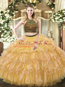 Adorable Gold Quinceanera Gowns Military Ball and Sweet 16 and Quinceanera with Beading and Ruffled Layers Halter Top Sleeveless Zipper