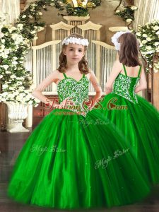 Elegant Green Tulle Lace Up Straps Sleeveless Floor Length High School Pageant Dress Beading
