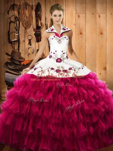 Flirting Fuchsia Lace Up Halter Top Embroidery and Ruffled Layers Sweet 16 Quinceanera Dress Satin and Organza Sleeveless