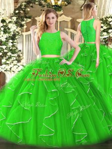 Green Scoop Neckline Lace and Ruffles Sweet 16 Dress Sleeveless Zipper