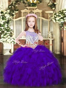 Floor Length Purple High School Pageant Dress Organza Sleeveless Beading and Ruffles