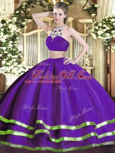 Purple Vestidos de Quinceanera Military Ball and Sweet 16 and Quinceanera with Beading High-neck Sleeveless Backless
