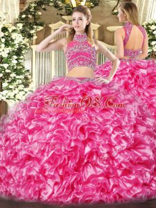 Hot Pink Vestidos de Quinceanera Military Ball and Sweet 16 and Quinceanera with Beading and Ruffles High-neck Sleeveless Backless