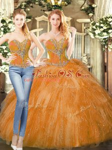 Orange Red Two Pieces Beading and Ruffles Vestidos de Quinceanera Lace Up Organza Sleeveless Floor Length