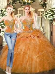 Orange Red Two Pieces Beading and Ruffles Vestidos de Quinceanera Lace Up Organza Sleeveless Floor Length