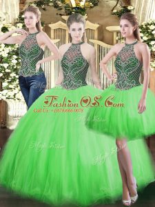 Ball Gowns Quince Ball Gowns High-neck Tulle Sleeveless Floor Length Lace Up