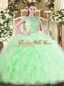 Floor Length Zipper 15 Quinceanera Dress Apple Green for Military Ball and Sweet 16 and Quinceanera with Beading and Ruffles