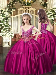 Hot Selling V-neck Sleeveless Girls Pageant Dresses Floor Length Beading Fuchsia Satin