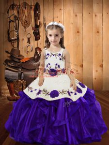 New Style Floor Length Purple Little Girl Pageant Gowns Straps Sleeveless Lace Up