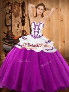 Pretty Sleeveless Floor Length Embroidery Lace Up 15th Birthday Dress with Fuchsia