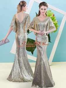 Silver Sequined Zipper Half Sleeves Floor Length Sequins