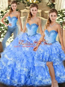 Light Blue Quinceanera Dress Military Ball and Sweet 16 and Quinceanera with Beading and Ruffles Sweetheart Sleeveless Lace Up