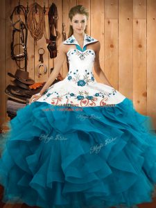 Eye-catching Tulle Halter Top Sleeveless Lace Up Embroidery and Ruffles 15 Quinceanera Dress in Teal