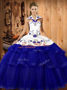Royal Blue Quince Ball Gowns Military Ball and Sweet 16 and Quinceanera with Embroidery and Ruffled Layers Halter Top Sleeveless Sweep Train Lace Up
