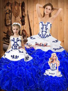 Designer Royal Blue Tulle Lace Up Quince Ball Gowns Sleeveless Floor Length Embroidery and Ruffles