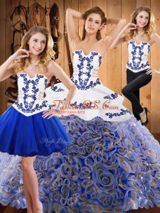 Customized With Train Multi-color Quinceanera Dress Satin and Fabric With Rolling Flowers Sweep Train Sleeveless Embroidery