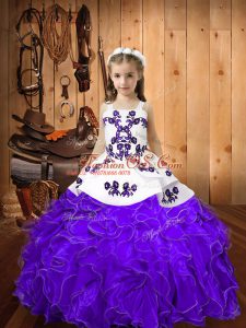 Straps Sleeveless Little Girls Pageant Gowns Floor Length Embroidery and Ruffles Eggplant Purple Organza