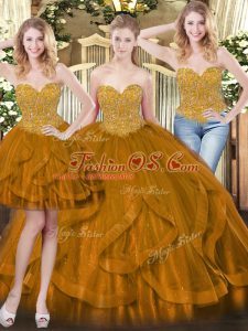 Sumptuous Brown Sweetheart Lace Up Beading and Ruffles Quinceanera Dresses Sleeveless