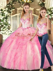 Floor Length Rose Pink Quinceanera Gown Sweetheart Sleeveless Lace Up