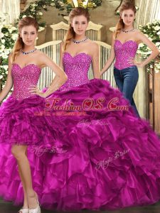 Fashion Fuchsia Quinceanera Gown Military Ball and Sweet 16 and Quinceanera with Beading and Ruffles Sweetheart Sleeveless Lace Up