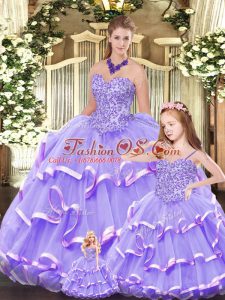 Nice Sleeveless Organza Floor Length Lace Up Quince Ball Gowns in Lavender with Beading and Ruffled Layers