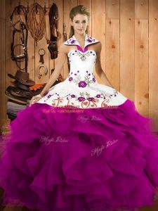 Fuchsia Halter Top Neckline Embroidery and Ruffles Quinceanera Gowns Sleeveless Lace Up