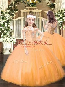 Sleeveless Tulle Floor Length Lace Up Little Girls Pageant Dress Wholesale in Orange with Beading