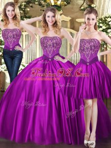 Latest Purple Lace Up Quince Ball Gowns Beading Sleeveless Floor Length