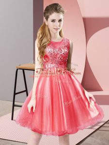 Popular A-line Evening Dress Coral Red Scoop Tulle Sleeveless Knee Length Zipper